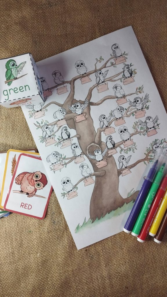 Dessin d'hiboux avec crayons colorés