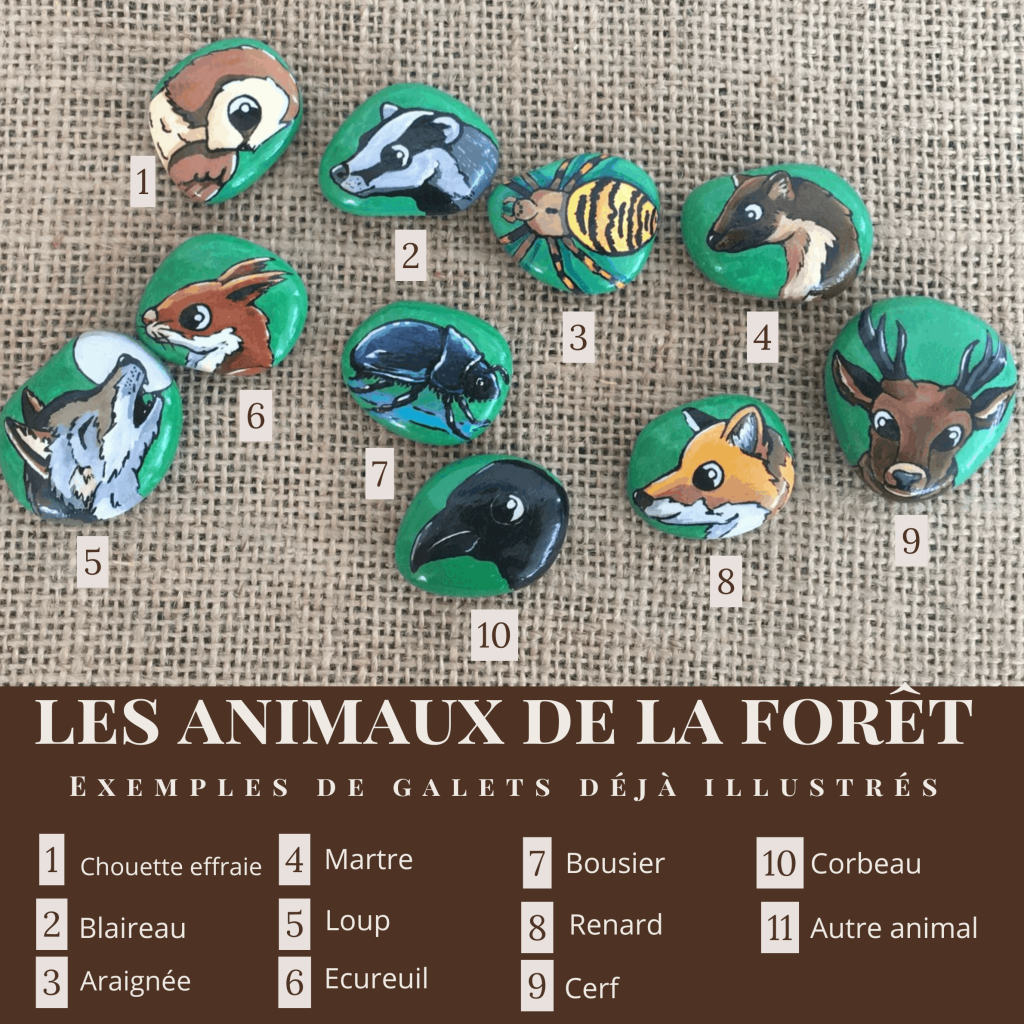 Galets personnalisés sur le thème des animaux de la forêt.