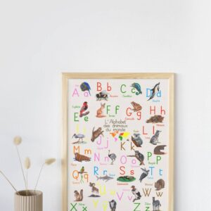 Poster alphabet Montessori avec animaux du monde et couleurs des continents Montessori